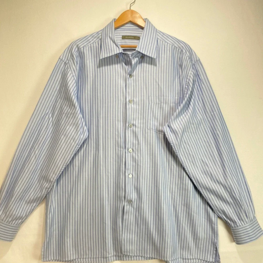 Ermenegildo Zegna Mens 3XL Blue White Striped Cotton Long Sleeve  Shirt - Picture 2 of 11